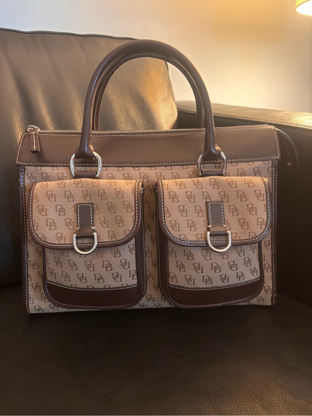 Vintage Dooney & Bourke Brown Logo Tote Bag with Dual Front Pockets